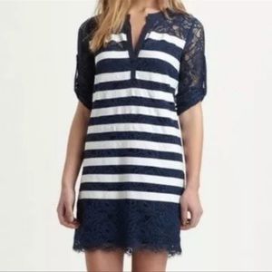 BCBG MAXAZRIA Navy & White Lace LIZZIE Lined Dress LARGE